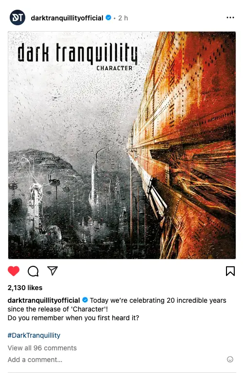 A screenshot of a Dark Tranquillity Instagram post - the Character album cover art by Niklas Sundin.