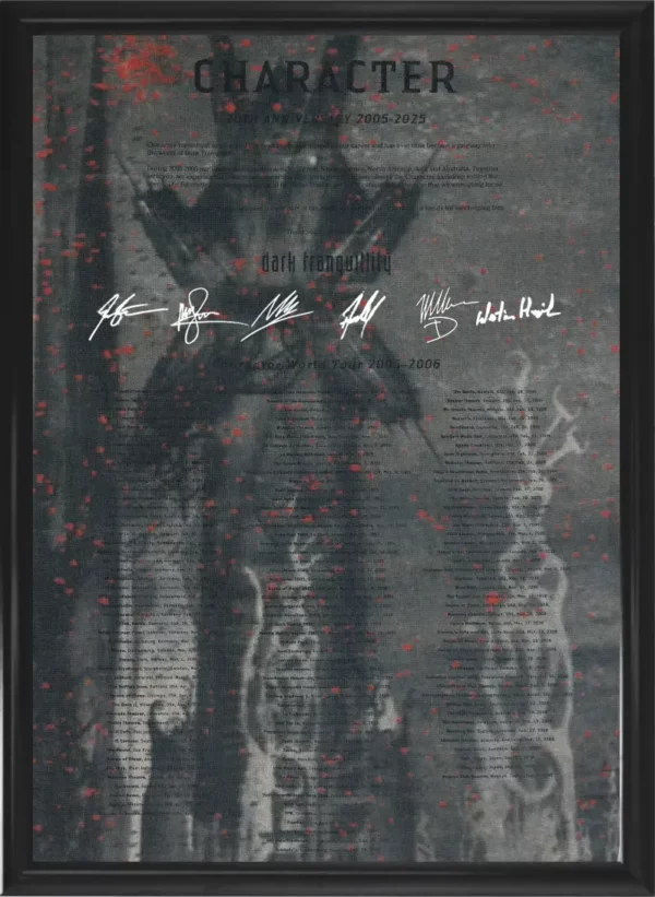 A picture of a Dark Tranquillity Character poster with autographs and printed text on it. Illustration: Niklas Sundin.