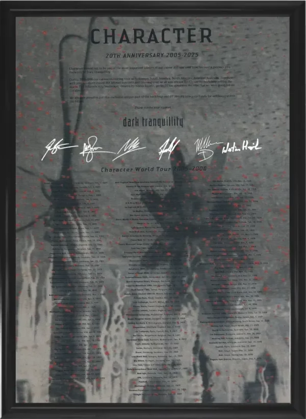 A picture of a Dark Tranquillity Character poster with autographs and printed text on it. Illustration: Niklas Sundin.