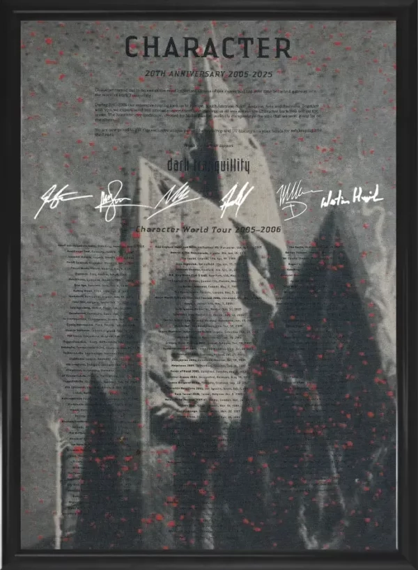 A picture of a Dark Tranquillity Character poster with autographs and printed text on it. Illustration: Niklas Sundin.